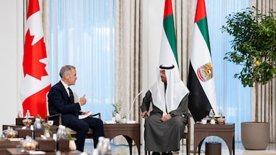 ABU DHABI, UNITED ARAB EMIRATES - November 20, 2025: HH Sheikh Mohamed bin Zayed Al Nahyan, President of the United Arab Emirates (R), meets with The Right Honourable Mark Carney, Prime Minister of Canada (L), at Al Shati Palace. ( Ryan Carter / UAE Presidential Court ) ---