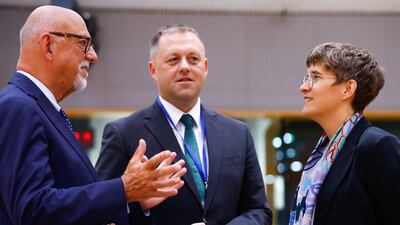 From left, Sweden's Hans Dahlgren, Ireland's Thomas Byrne and Anna Luehrmann of Germany, all ministers responsible for Europe, at the start of a general affairs council at the European Council in Brussels where changing rules on voting is up for discussion EPA