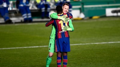 Barcelona's Marc-Andre ter Stegen and Ousmane Dembele celebrate. AP