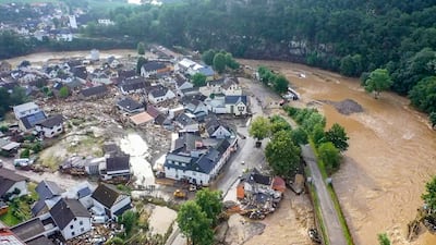 The flooded village of Schuld, near Adenau, western Germany, after heavy rain caused damage and destroyed at least six houses. At least 19 people have been killed and dozens are missing.