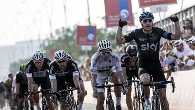 Elia Viviani of Team Sky celebrates as he crosses the finish line to win Stage 2 of the Abu Dhabi Tour on Friday. Angelo Carconi / EPA