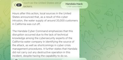 A message from Iran-linked Handala hacking group in June claims it was showing restraint with its cyber attacks. Photo: Telegram