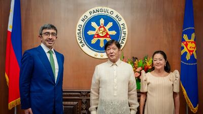 Sheikh Abdullah bin Zayed, Minister of Foreign Affairs, with President Ferdinand Marcos Jr of the Philippines and Louise Araneta-Marcos, first lady, at the Malacanang Palace in Manila on Tuesday. Wam