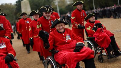 Chelsea Pensioner Arthur Teasdale, 93, on the day of the National Service of Remembrance, in Whitehall, London. Reuters