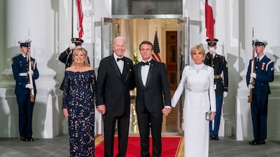 US President Joe Biden and First Lady Jill Biden greet French President Emmanuel Macron and his wife Brigitte Macron. EPA