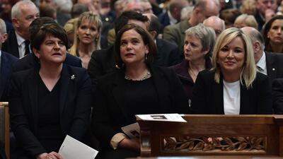 Arlene Foster, leader of the DUP, Mary Lou McDonald, Leader of Sinn Fein and Michelle O'Neill, Vice President of Sinn Fein attend the funeral service. Getty Images