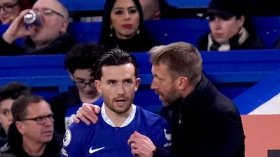 Chelsea manager Graham Potter speaks to Ben Chilwell at Stamford Bridge. PA