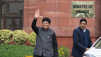 Piyush Goyal, India's interim finance minister, waves as he heads to parliament to deliver an interim budget for 2019-20 fiscal year in New Delhi on February 1, 2019. Bloomberg
