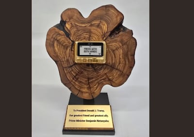 A golden pager gifted by Israeli Prime Minister Benjamin Netanyahu to US President Donald Trump during his White House visit on February 4, 2025.