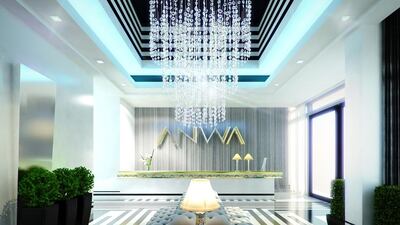 An rendition of the lobby area at the Dh600 million Anwa tower, which will have 225 apartments. Courtesy Omniyat