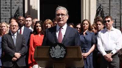 Keir Starmer delivers a farewell speech after standing down as prime minister outside No 10 Downing Street. Getty Images