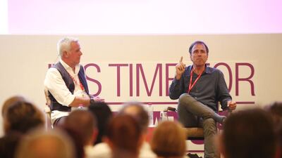 Anthony Horowitz, right, talks about his 2015 James Bond novel, Trigger Mortis. Courtesy Emirates Airline Festival of Literature