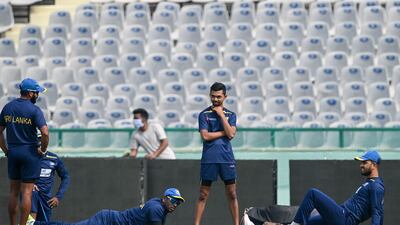 Sri Lanka's Dimuth Karunaratne, right, and Angelo Mathews during a training session on the eve of the first Test. AFP