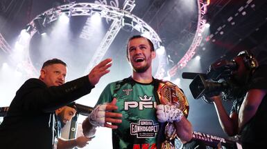 Usman Nurmagomedov after winning his rematch against Paul Hughes. Chris Whiteoak / The National