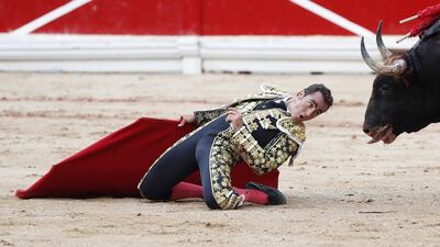 Spanish bullfighter David Fandila 'El Fandi' faces his second bull of the evening during the fourth bullfight of the Festival of San Fermin in Pamplona, Spain. The festival, locally known as Sanfermines, is held annually from 06 to 14 July in commemoration of the city's patron saint. EPA / Javier Lizon