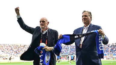 Atalanta's co-presidents Antonio Percassi, left, and Stephen Pagliuca. AFP