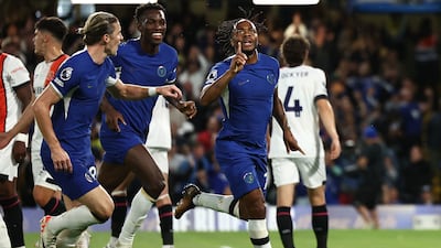 Raheem Sterling celebrates with teammates after scoring Chelsea's opening goal during their 3-0 Premier League win over Luton Town at Stamford Bridge, on August 25, 2023. AFP
