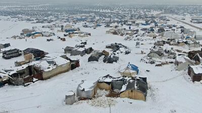 A camp for internally displaced people is covered in snow near the town of Azaz in Syria's Aleppo province, on January 23. AFP