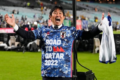Japan manager Hajime Moriyasu celebrates after his team qualfied for the Qatar World Cup. AP