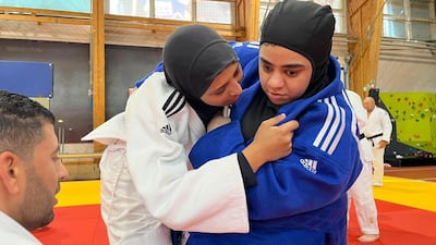 Emirati Paralympic judo athlete Maryam Al Dhanhani in training. The one difference in para judo from the sighted sport is that athletes must grip the opponent’s judogi, or uniform, from the start of the match and throughout the bout. Photo: Mouh Al Mouh