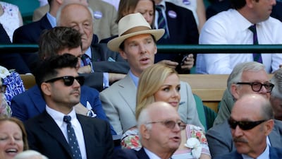 British actor Benedict Cumberbatch, centre, sits in the Royal Box on Centre Court ahead of the men's singles final match between Djokovic and Anderson. AP