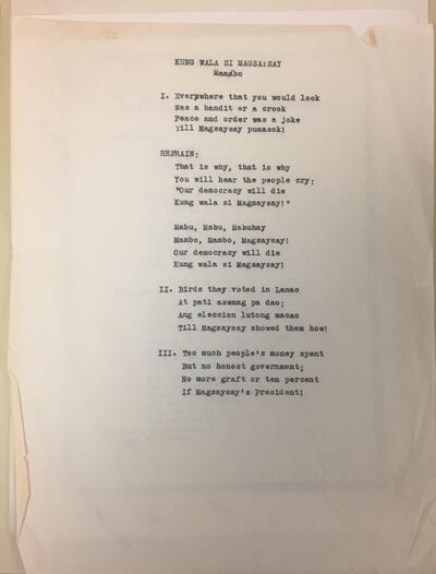 The lyrics to the song 'Mambo Magsaysay'. Photo: Hoover Institution Library & Archives