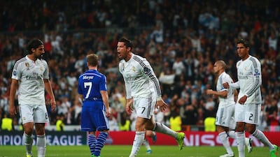 Cristiano Ronaldo of Real Madrid celebrates levelling the score at 1-1 on Tuesday night in his side's Champions League loss to Schalke. Alex Grimm / Bongarts / Getty Images