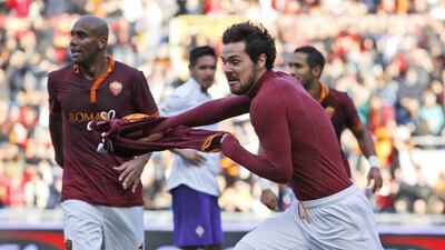 Mattia Destro after scoring the eventual winner for Roma on Sunday. Andrew Medichini / AP