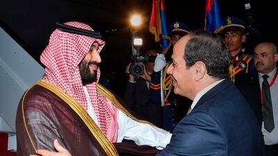 Mohammed bin Salman is received by Egyptian President Abdel-Fattah El-Sisi in Cairo. Egyptian Presidency via AP