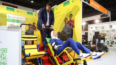 Aiah Iawdat tries the safety chair from Sabz International. World Trade Centre, Dubai. Chris Whiteoak / The National