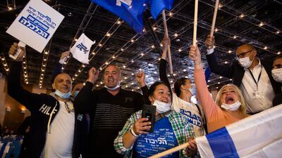Likud party supporters cheer after the exit polls in Jerusalem. Getty Images