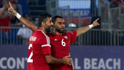 Kamal Ali, right, and Haitham Al Kaabi celebrate during the UAE's Intercontinental Beach Soccer Cup win over Italy. Courtesy Manuel Queimadelos Alonso / beachsoccer.com