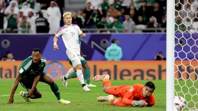 Saudi Arabia's Abdullah Radif scores a goal that was later disallowed after a VAR review. AFP