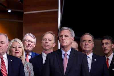 Republican House minority leader Kevin McCarthy, flanked by other Republican legislators, prepares to speak on President Joe Biden's first year in office on January 20. EPA