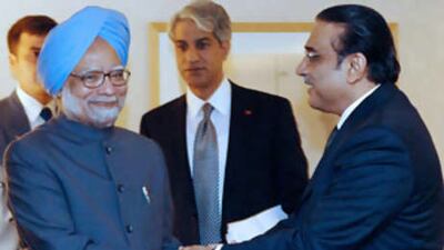 Mr Singh with Pakistan's President Asif Ali Zardari, during Mr Zardari's previous term in office, in New York, in 2008.