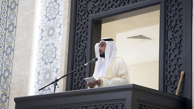 Abdulrahman Al Shamsi, imam at the Sultan bin Zayed The First mosque, delivers a sermon during Eid Al Adha prayers. Crown Prince Court - Abu Dhabi