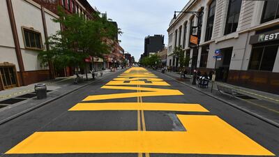 A giant "Black Lives Matter" mural painted on Fulton Street on Brooklyn Borough of New York City, US. AFP