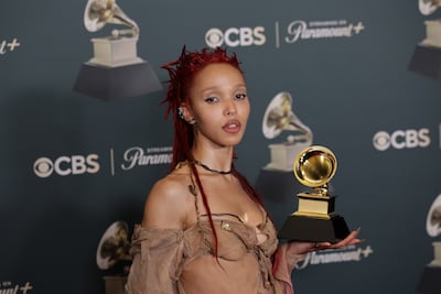 British singer-songwriter Fka Twigs poses with the Grammy for Best Dance/Electronic Album for Eusexua. EPA