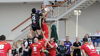 Bahrain, in red, retained their West Asia Premiership title after the coronavirus outbreak brought a premature end to the season. Dubai Exiles, in black, are the UAE Premiershipchampions. Courtesy Dubai Exiles