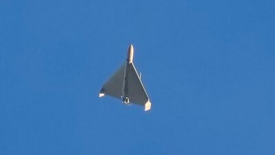 An airborne drone seconds before it fired on buildings in Kyiv, Ukraine. AP Photo