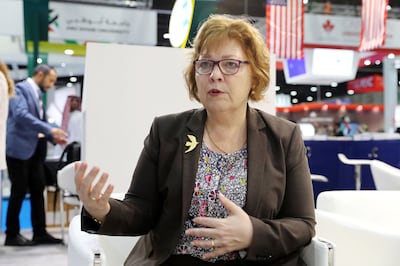 Barbara Leaf, then US Ambassador to the UAE, gives an interview at the USA stand at the Najah Education Fair held at Abu Dhabi National Exhibition Centre (Adnec) in Abu Dhabi. Pawan Singh / The National