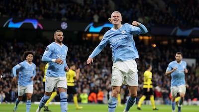 Erling Haaland after giving Manchester City the lead from the penalty spot during the 3-0 Uefa Champions League win over Young Boys at Etihad Stadium on November 7, 2023. Getty Images