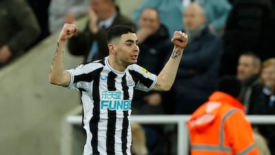 Soccer Football - Premier League - Newcastle United v Wolverhampton Wanderers - St James' Park, Newcastle, Britain - March 12, 2023 Newcastle United's Miguel Almiron celebrates scoring their second goal Action Images via Reuters/Jason Cairnduff EDITORIAL USE ONLY. No use with unauthorized audio, video, data, fixture lists, club/league logos or 'live' services. Online in-match use limited to 75 images, no video emulation. No use in betting, games or single club /league/player publications. Please contact your account representative for further details.