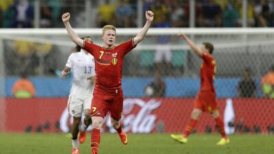 Kevin De Bruyne celebrates after Belgium's 2-1 win over the United States on Tuesday at the 2014 World Cup round of 16 in Salvador, Brazil. Natacha Pisarenko / AP / July 1, 2014
