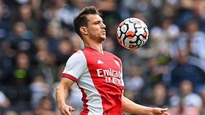 Arsenal's German-born Portuguese defender Cedric Soares controls the ball.