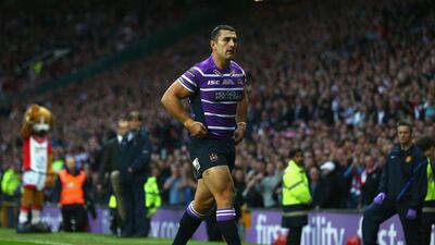 Ben Flower of Wigan Warriors walks off the pitch after receiving a red card in the Super League Grand Final on Saturday. Michael Steele / Getty Images / October 11, 2014