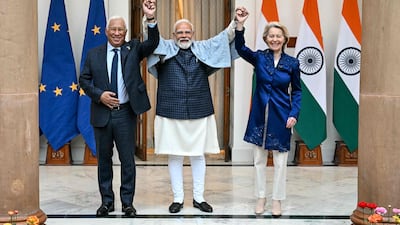 India’s Prime Minister Narendra Modi, centre, with European Commission President Ursula von der Leyen, right, and European Council President Antonio Costa before a meeting in New Delhi. AFP