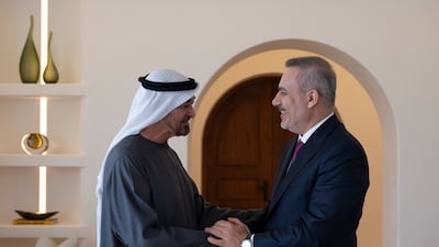 President Sheikh Mohamed receives Turkey's Minister of Foreign Affairs Hakan Fidan, in Abu Dhabi. ( Hamad Al Kaabi / UAE Presidential Court ) ---