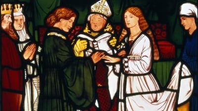 The Marriage of Tristan and Iseult, a 19th-century stained glass design by Edward Coley Burne-Jones.