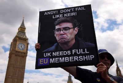 A pro-EU campaigner holds up a sign of Andy Burnham outside Parliament in London. EPA